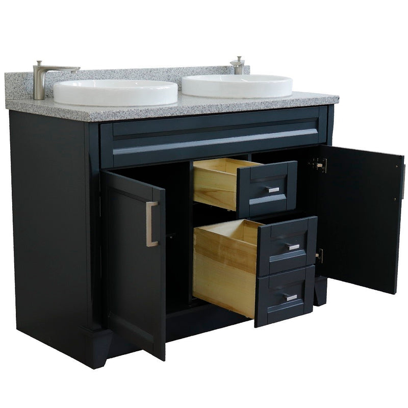 Bellaterra Home 400700-49D-DG-GYRD Terni 49" vanity, Dark Gray, gray granite top, angled view with doors open showing the