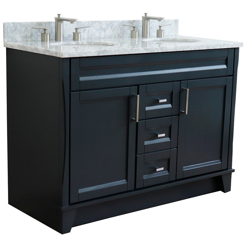 Bellaterra Home 400700-49D-DG-WMO Terni 49" vanity, Dark Gray, White Carrara marble top, angled view on a white background
