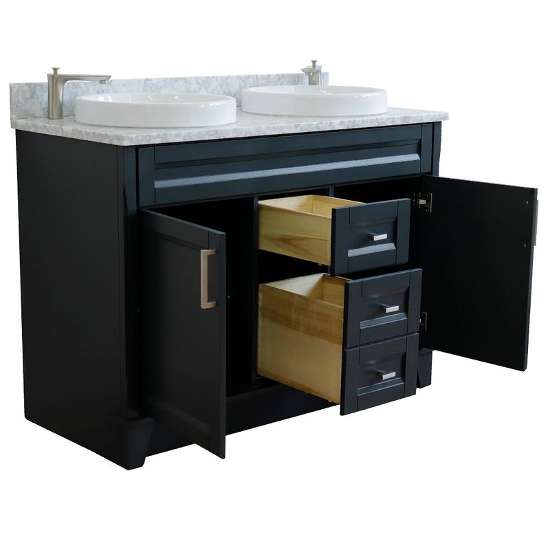 Bellaterra Home 400700-49D-DG-WMRD Terni 49" vanity, Dark Gray, White Carrara marble top, angled view with doors open