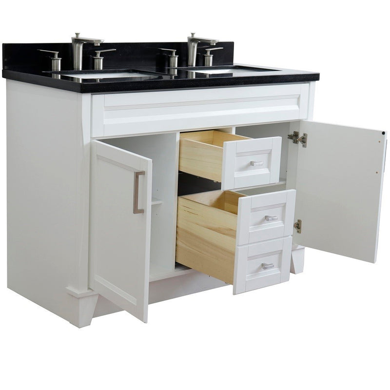 Bellaterra Home 400700-49D-WH-BGR Terni 49" vanity, White, Black Galaxy granite top, angled view with doors open showing the