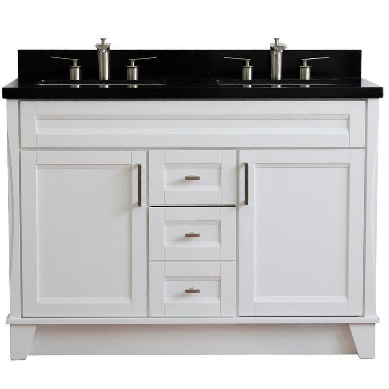 Bellaterra Home 400700-49D-WH-BGR Terni 49" vanity, White, Black Galaxy granite top, front view on a white background