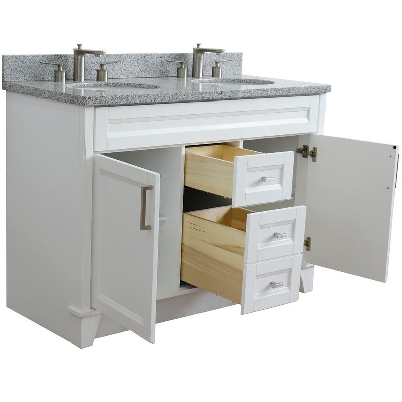 Bellaterra Home 400700-49D-WH-GYO Terni 49" vanity, White, gray granite top, angled view with doors open showing the shelf