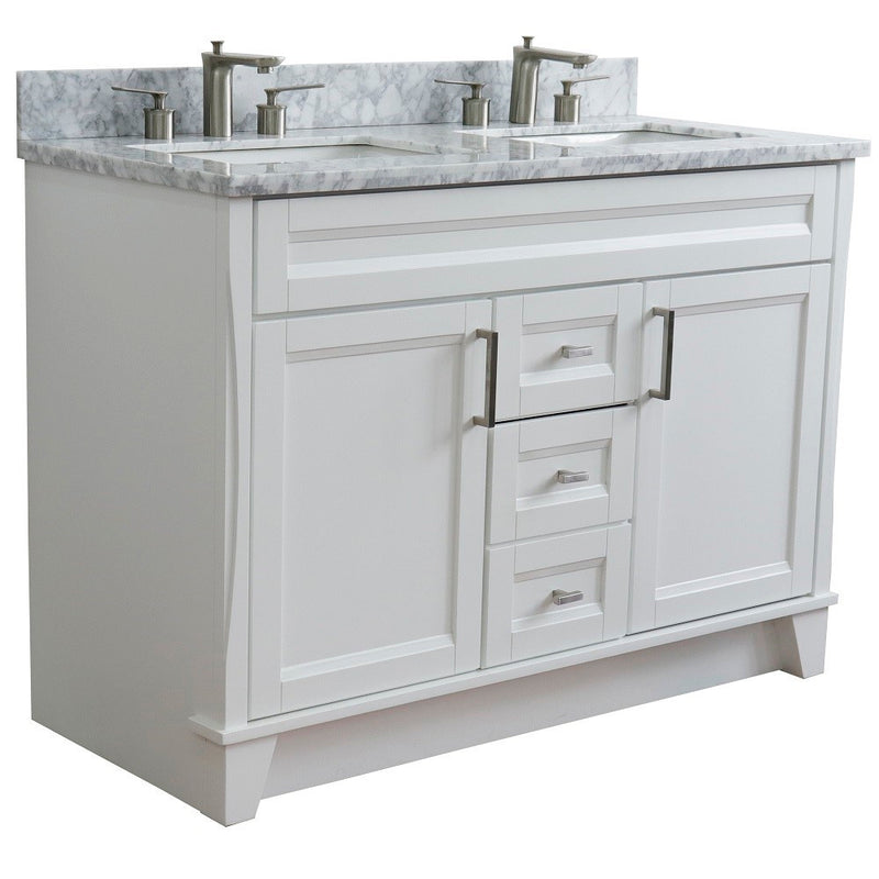 Bellaterra Home 400700-49D-WH-WMR Terni 49" vanity, White, White Carrara marble top, angled view on a white background