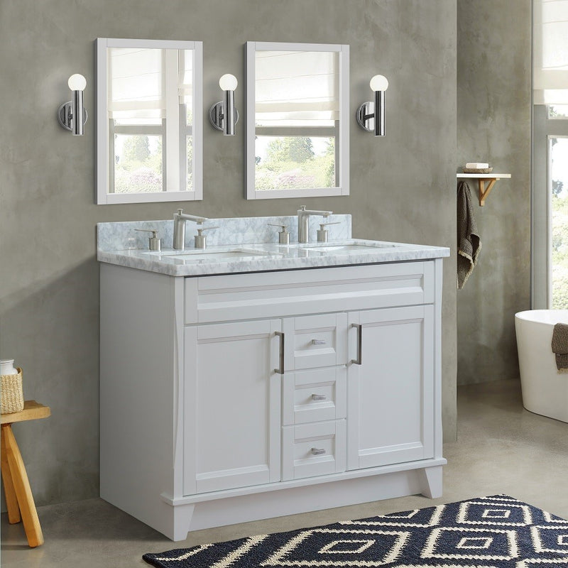 Bellaterra Home 400700-49D-WH-WMR Terni 49" vanity, White, White Carrara marble top, installed in a bathroom
