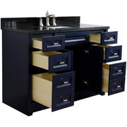 Bellaterra Home 400700-49S-BU-BGR Terni 49" vanity, Blue, Black Galaxy granite top, angled view with doors open showing the