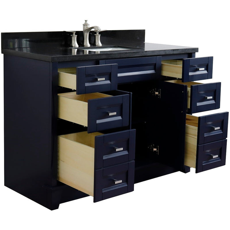Bellaterra Home 400700-49S-BU-BGR Terni 49" vanity, Blue, Black Galaxy granite top, angled view with doors open showing the