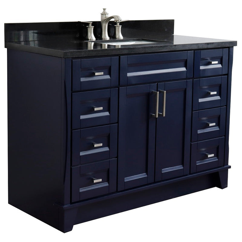 Bellaterra Home 400700-49S-BU-BGR Terni 49" vanity, Blue, Black Galaxy granite top, angled view on a white background