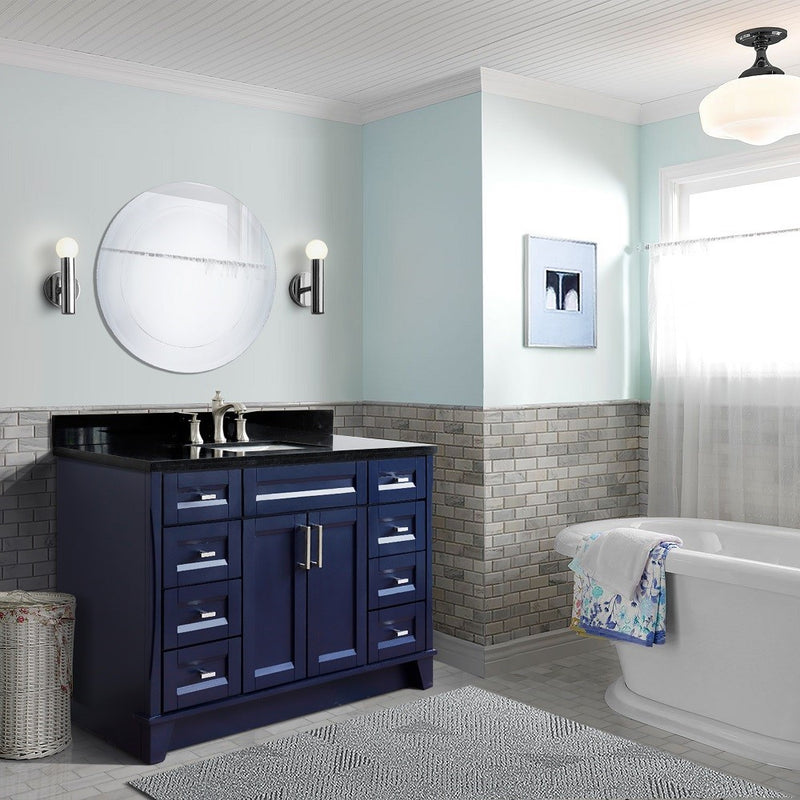 Bellaterra Home 400700-49S-BU-BGR Terni 49" vanity, Blue, Black Galaxy granite top, installed in a bathroom