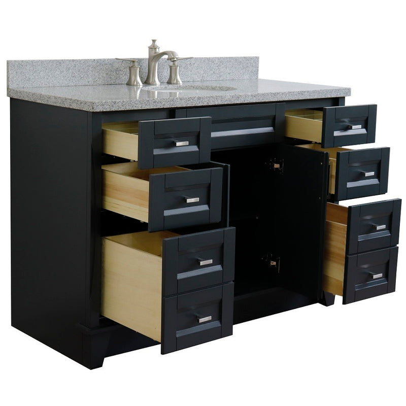 Bellaterra Home 400700-49S-DG-GYO Terni 49" vanity, Dark Gray, gray granite top, angled view with doors open showing the