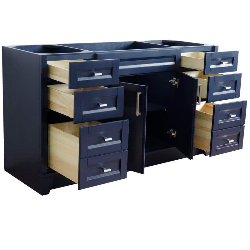 Bellaterra Home 400700-60S-BU Terni 60" vanity cabinet, Blue, angled view with doors open showing the shelf