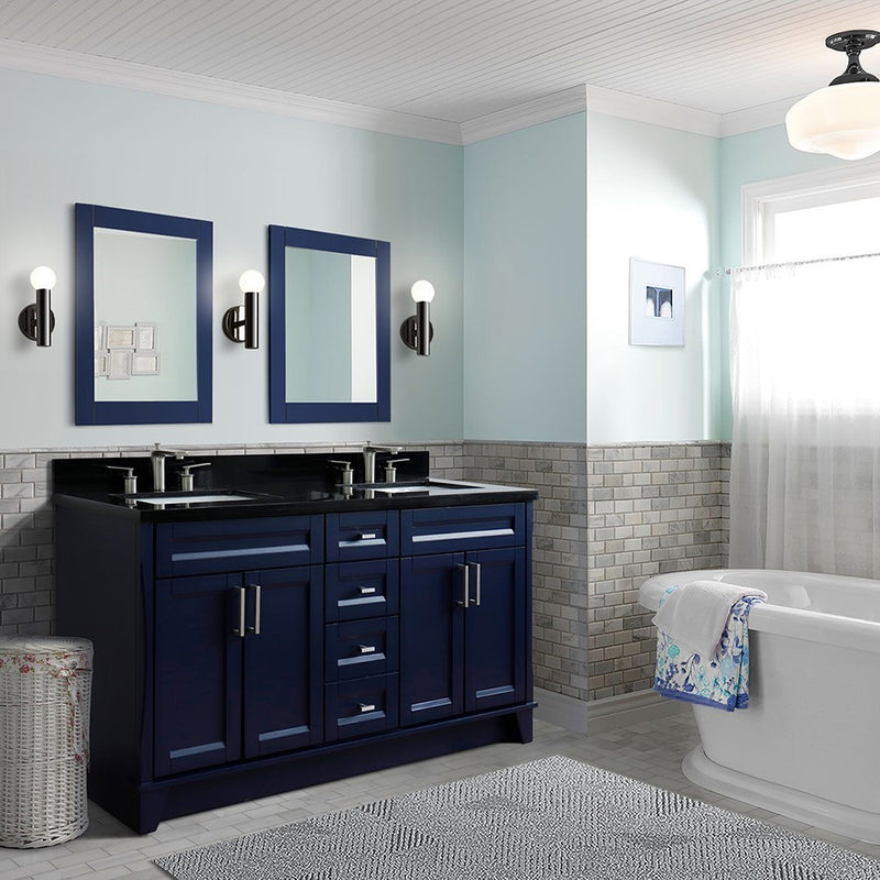 Bellaterra Home 400700-61D-BU-BGR Terni 61" vanity, Blue, Black Galaxy granite top, installed in a bathroom