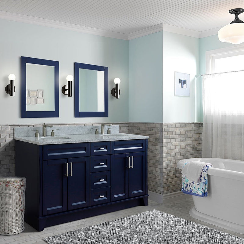 Bellaterra Home 400700-61D-BU-WMO Terni 61" vanity, Blue, White Carrara marble top, installed in a bathroom