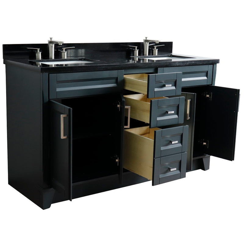 Bellaterra Home 400700-61D-DG-BGR Terni 61" vanity, Dark Gray, Black Galaxy granite top, angled view with doors open showing