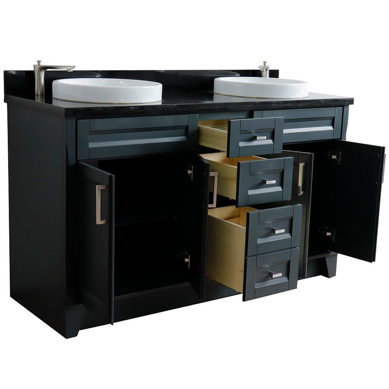 Bellaterra Home 400700-61D-DG-BGRD Terni 61" vanity, Dark Gray, Black Galaxy granite top, angled view with doors open