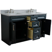 Bellaterra Home 400700-61D-DG-GYR Terni 61" vanity, Dark Gray, gray granite top, angled view with doors open showing the