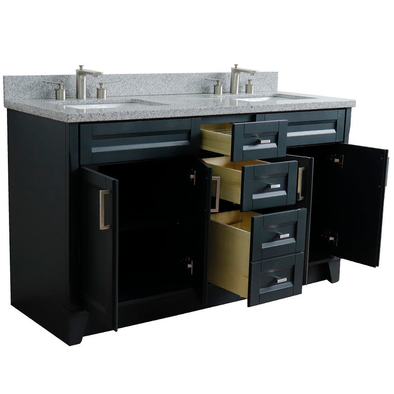 Bellaterra Home 400700-61D-DG-GYR Terni 61" vanity, Dark Gray, gray granite top, angled view with doors open showing the