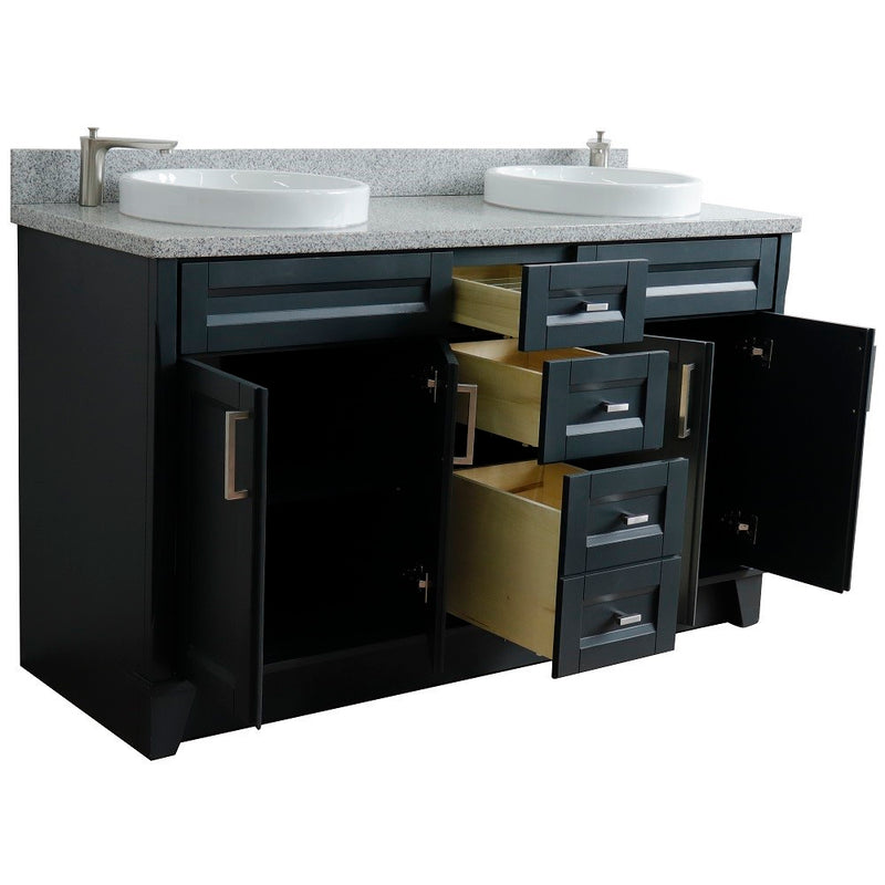 Bellaterra Home 400700-61D-DG-GYRD Terni 61" vanity, Dark Gray, gray granite top, angled view with doors open showing the