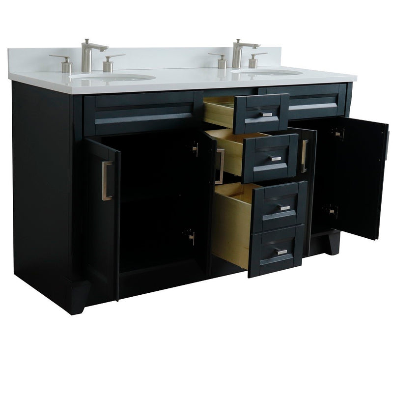Bellaterra Home 400700-61D-DG-WEO Terni 61" vanity, Dark Gray, white engineered stone top, angled view with doors open