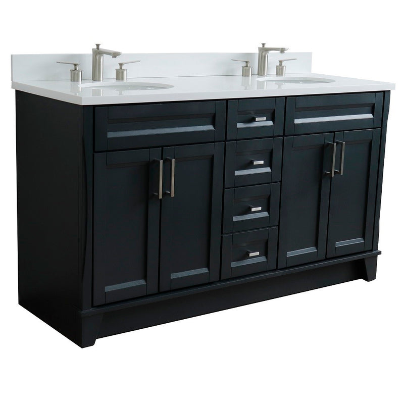 Bellaterra Home 400700-61D-DG-WEO Terni 61" vanity, Dark Gray, white engineered stone top, angled view on a white background