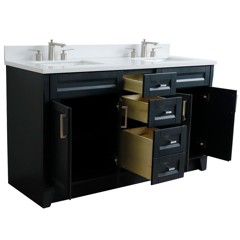 Bellaterra Home 400700-61D-DG-WER Terni 61" vanity, Dark Gray, white engineered stone top, angled view with doors open