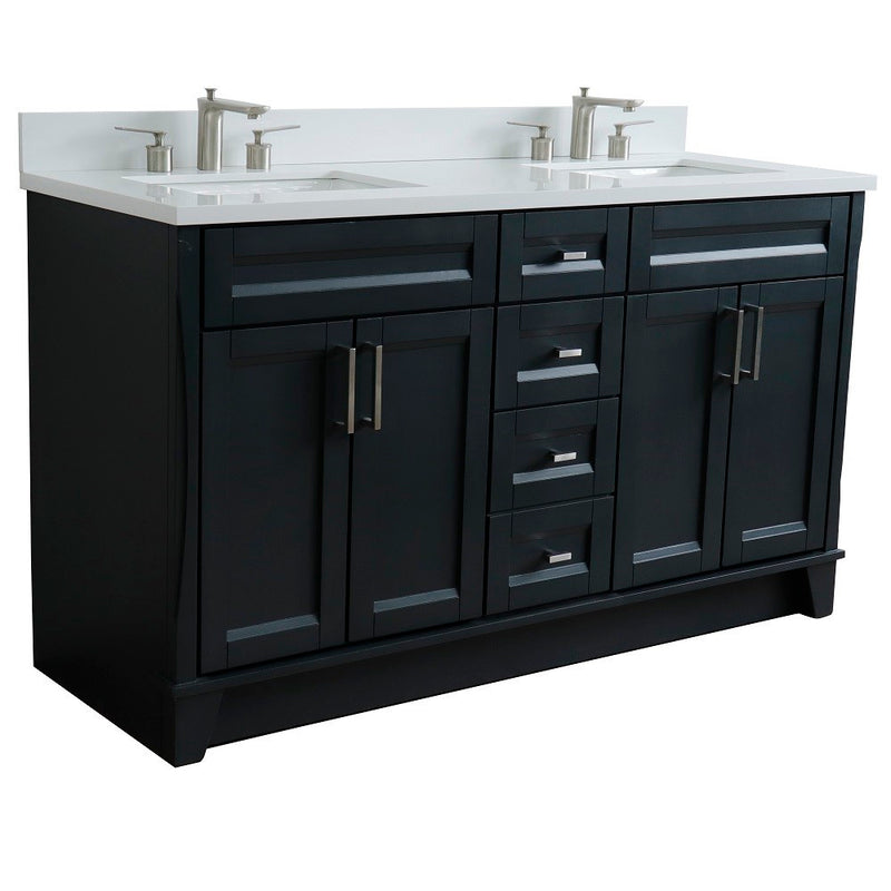 Bellaterra Home 400700-61D-DG-WER Terni 61" vanity, Dark Gray, white engineered stone top, angled view on a white background