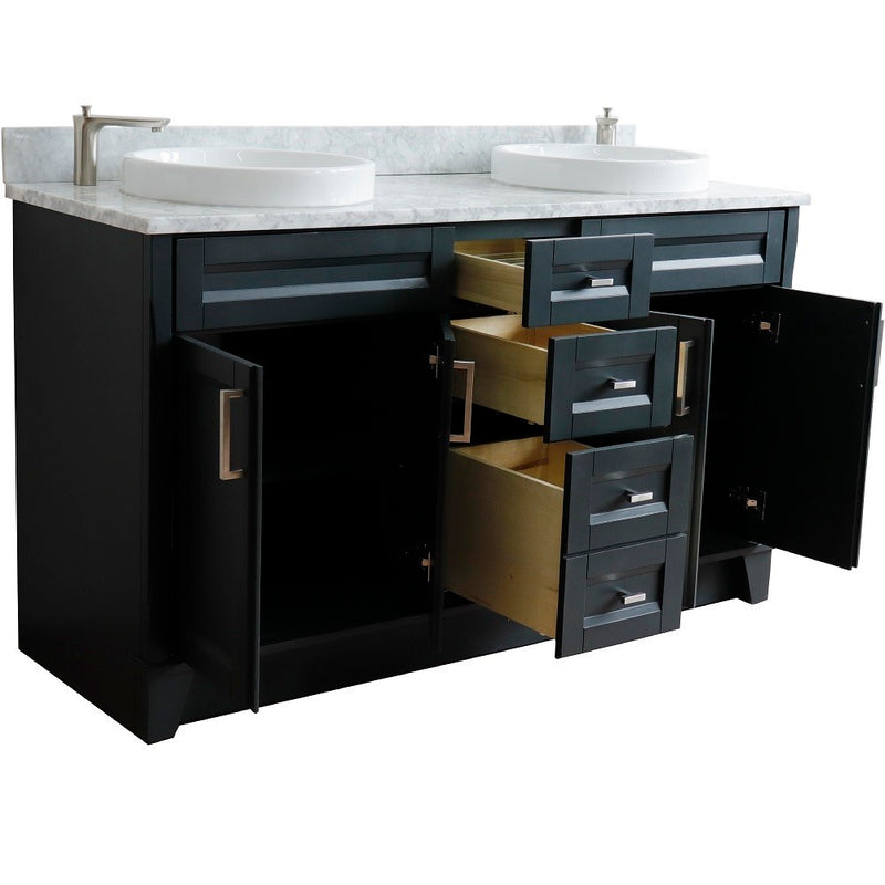 Bellaterra Home 400700-61D-DG-WMRD Terni 61" vanity, Dark Gray, White Carrara marble top, angled view with doors open