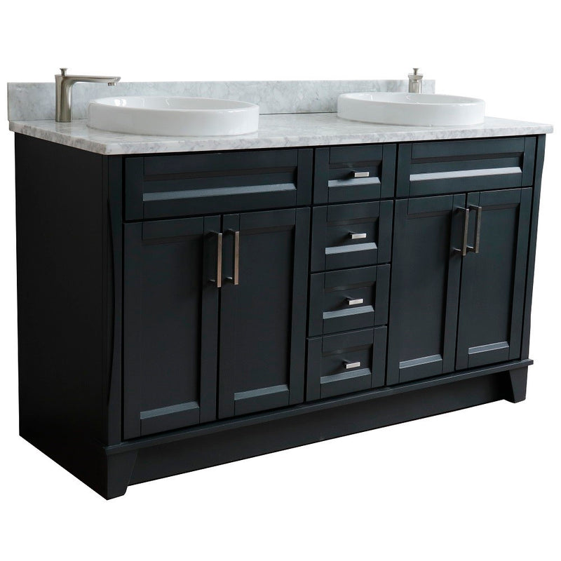 Bellaterra Home 400700-61D-DG-WMRD Terni 61" vanity, Dark Gray, White Carrara marble top, angled view on a white background
