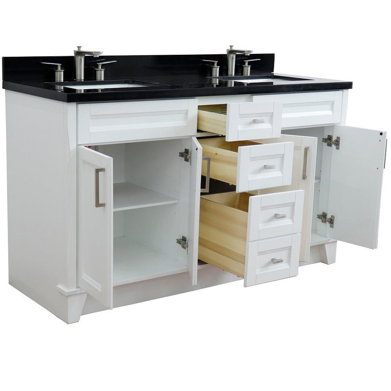 Bellaterra Home 400700-61D-WH-BGR Terni 61" vanity, White, Black Galaxy granite top, angled view with doors open showing the