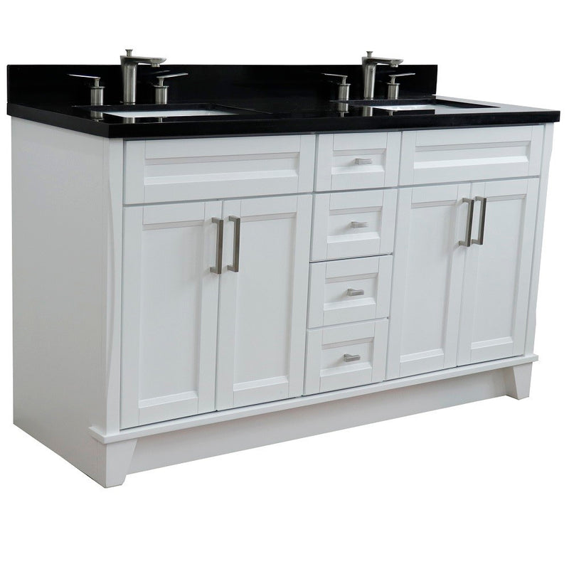 Bellaterra Home 400700-61D-WH-BGR Terni 61" vanity, White, Black Galaxy granite top, angled view on a white background