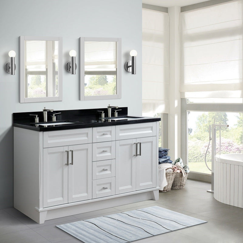 Bellaterra Home 400700-61D-WH-BGR Terni 61" vanity, White, Black Galaxy granite top, installed in a bathroom