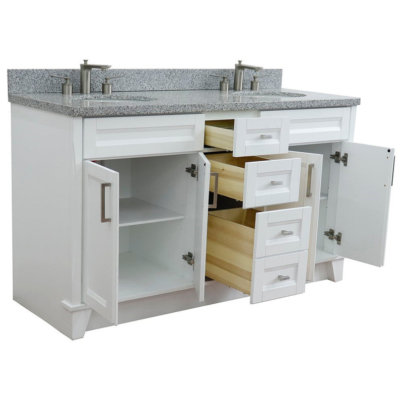Bellaterra Home 400700-61D-WH-GYO Terni 61" vanity, White, gray granite top, angled view with doors open showing the shelf