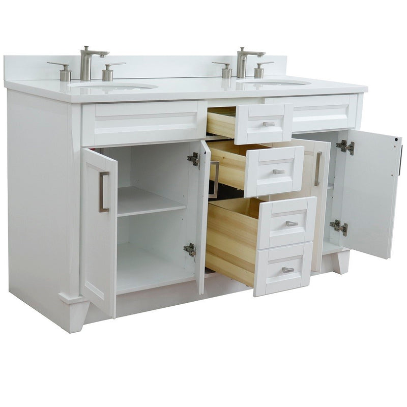 Bellaterra Home 400700-61D-WH-WEO Terni 61" vanity, White, white engineered stone top, angled view with doors open showing
