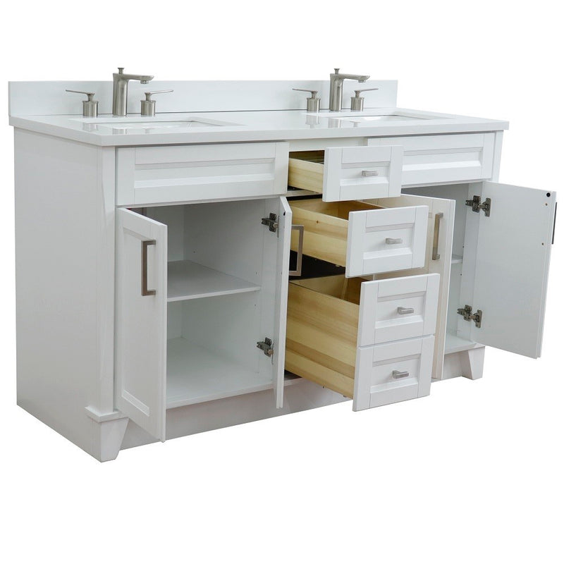 Bellaterra Home 400700-61D-WH-WER Terni 61" vanity, White, white engineered stone top, angled view with doors open showing