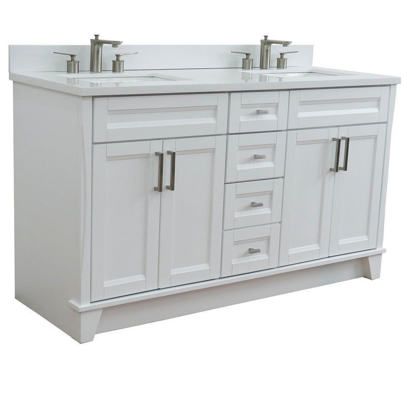 Bellaterra Home 400700-61D-WH-WER Terni 61" vanity, White, white engineered stone top, angled view on a white background