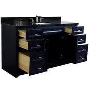Bellaterra Home 400700-61S-BU-BGR Terni 61" vanity, Blue, Black Galaxy granite top, angled view with doors open showing the