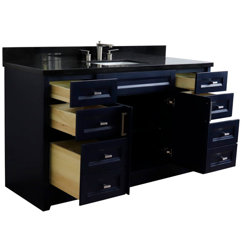 Bellaterra Home 400700-61S-BU-BGR Terni 61" vanity, Blue, Black Galaxy granite top, angled view with doors open showing the