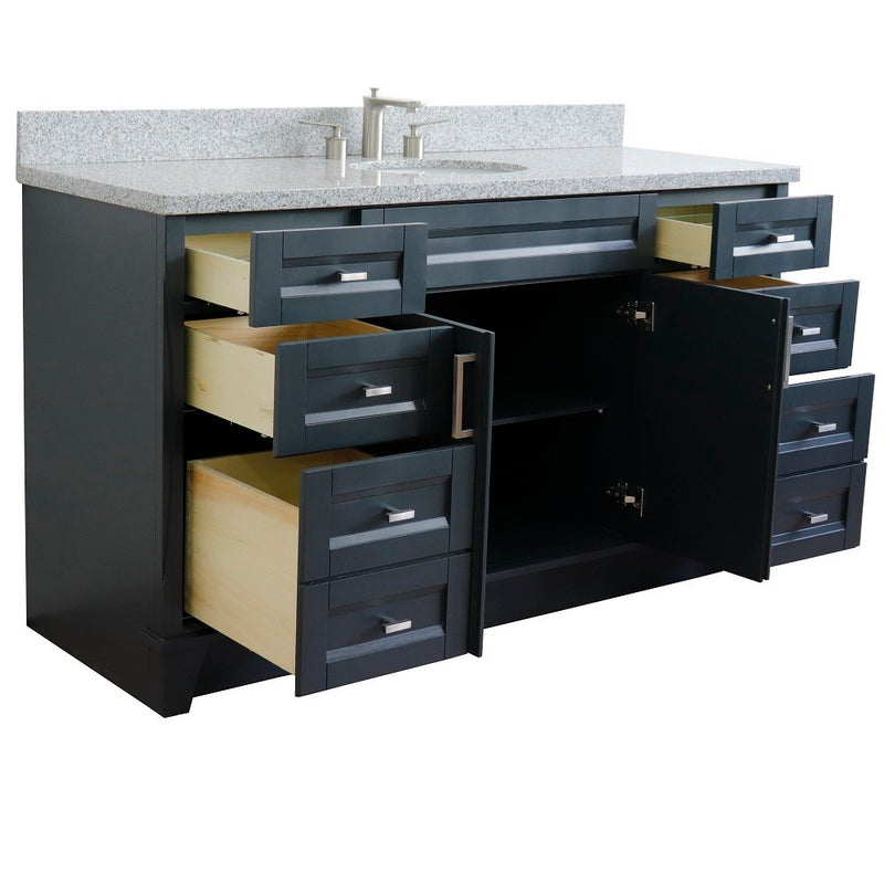 Bellaterra Home 400700-61S-DG-GYO Terni 61" vanity, Dark Gray, gray granite top, angled view with doors open showing the