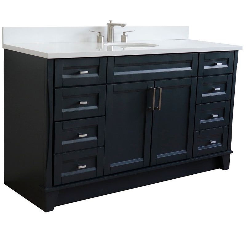 Bellaterra Home 400700-61S-DG-WEO Terni 61" vanity, Dark Gray, white engineered stone top, angled view on a white background