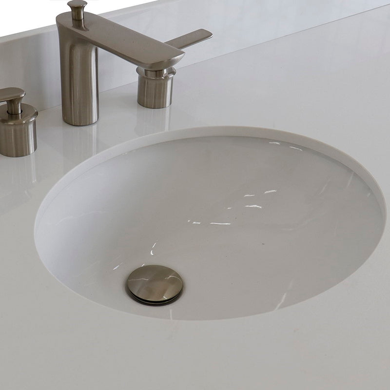 Bellaterra Home 400700-61S-DG-WEO Terni 61" vanity, Dark Gray, white engineered stone top, countertop and sink close-up