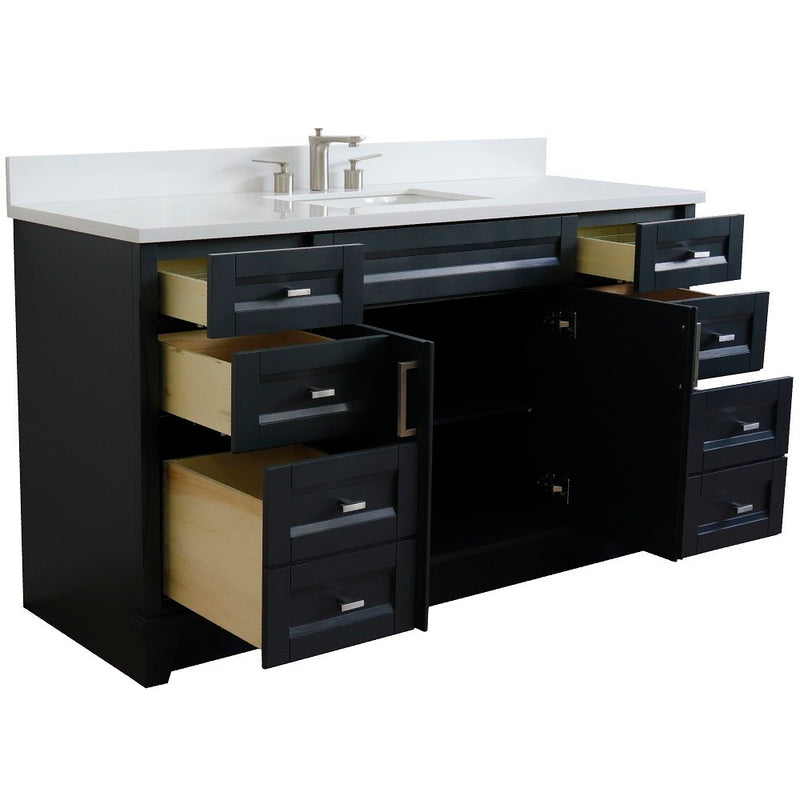 Bellaterra Home 400700-61S-DG-WER Terni 61" vanity, Dark Gray, white engineered stone top, angled view with doors open