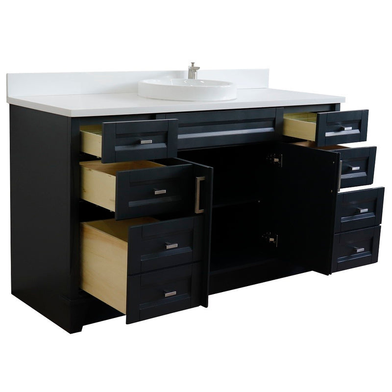 Bellaterra Home 400700-61S-DG-WERD Terni 61" vanity, Dark Gray, white engineered stone top, angled view with doors open