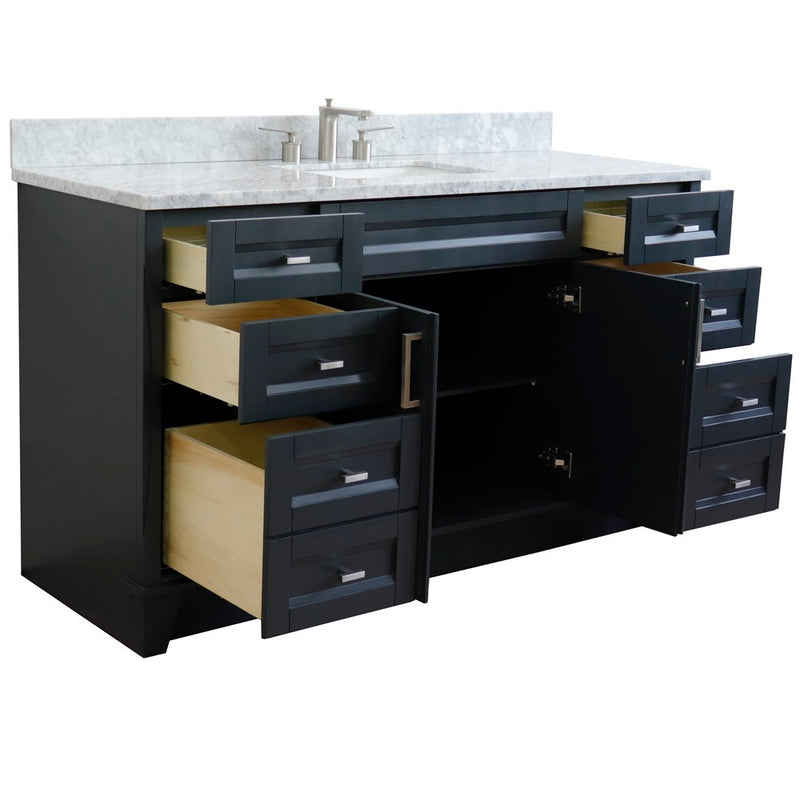 Bellaterra Home 400700-61S-DG-WMR Terni 61" vanity, Dark Gray, White Carrara marble top, angled view with doors open showing