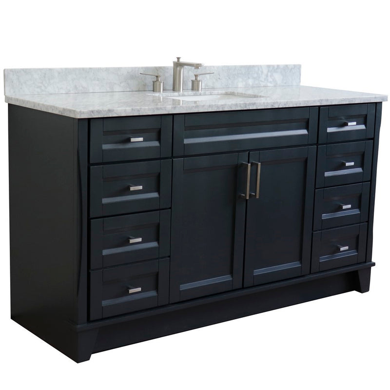Bellaterra Home 400700-61S-DG-WMR Terni 61" vanity, Dark Gray, White Carrara marble top, angled view on a white background