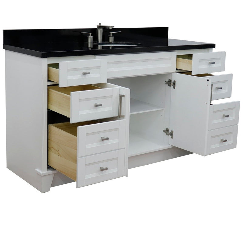 Bellaterra Home 400700-61S-WH-BGO Terni 61" vanity, White, Black Galaxy granite top, angled view with doors open showing the