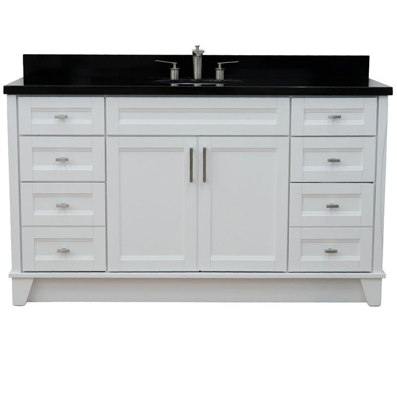 Bellaterra Home 400700-61S-WH-BGO Terni 61" vanity, White, Black Galaxy granite top, front view on a white background