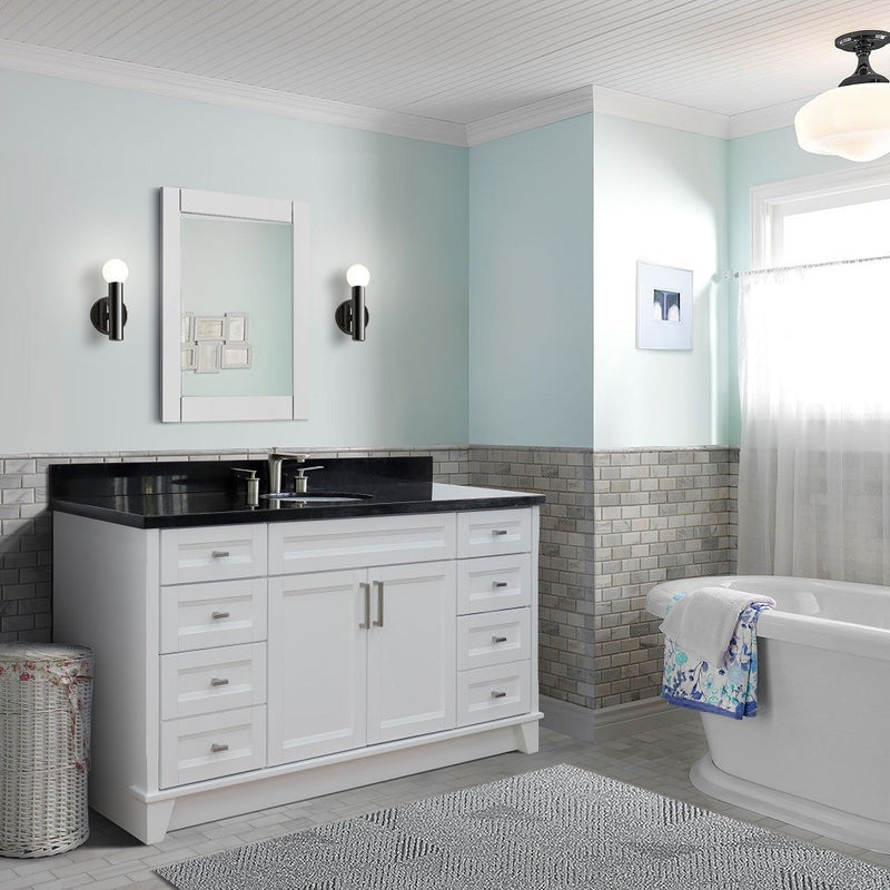 Bellaterra Home 400700-61S-WH-BGO Terni 61" vanity, White, Black Galaxy granite top, installed in a bathroom