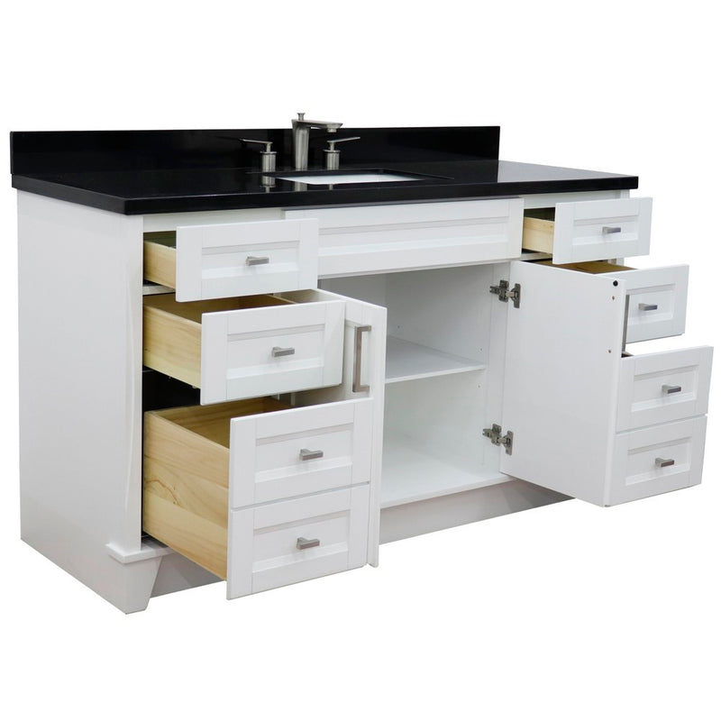 Bellaterra Home 400700-61S-WH-BGR Terni 61" vanity, White, Black Galaxy granite top, angled view with doors open showing the
