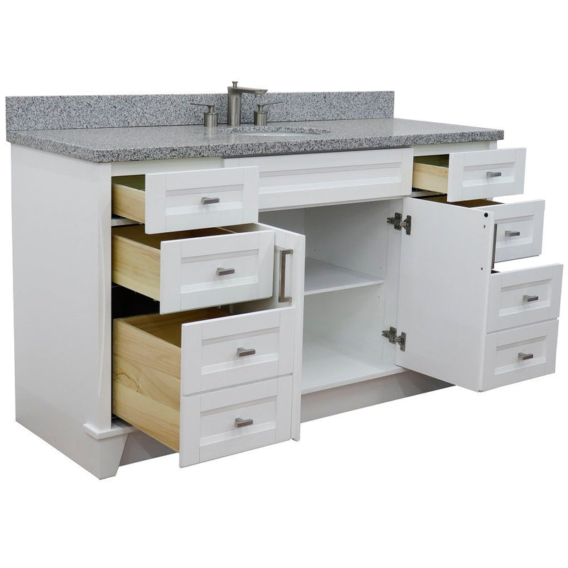 Bellaterra Home 400700-61S-WH-GYO Terni 61" vanity, White, gray granite top, angled view with doors open showing the shelf