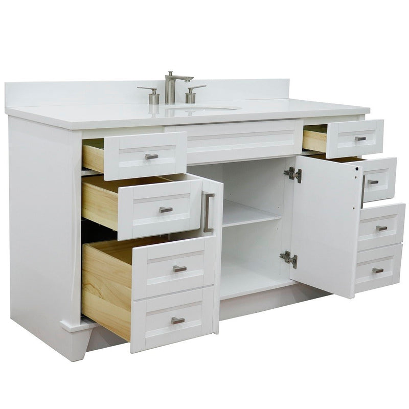 Bellaterra Home 400700-61S-WH-WEO Terni 61" vanity, White, white engineered stone top, angled view with doors open showing