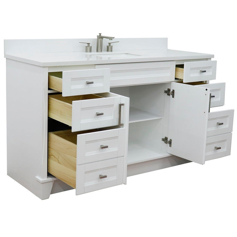 Bellaterra Home 400700-61S-WH-WER Terni 61" vanity, White, white engineered stone top, angled view with doors open showing